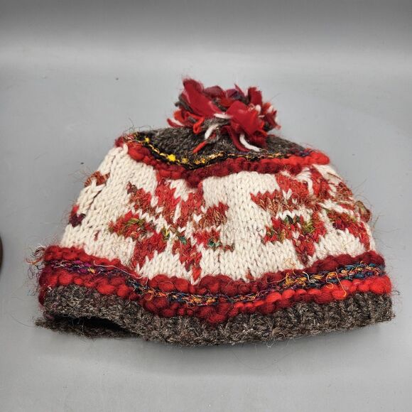 Unbranded Other - Hand Knit Wool & Recycled Silk Beanie Pom  Hat Fleece Lined Made in Nepal Red